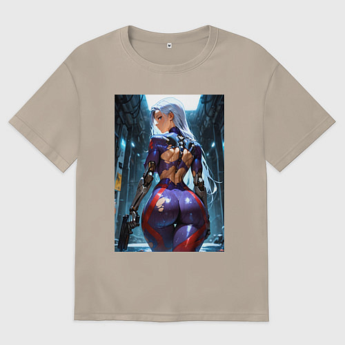 Женская футболка оверсайз Девушка с оружием в киберпанк стиле / Миндальный – фото 1