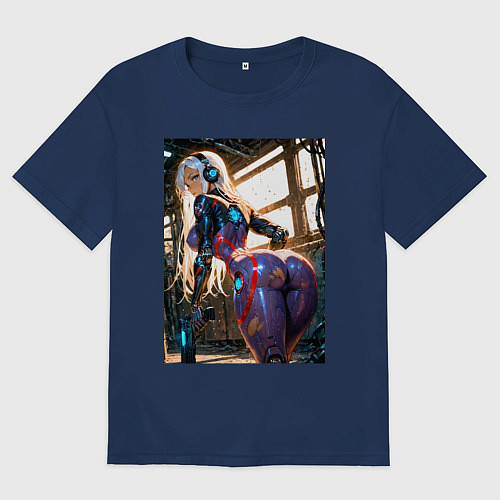 Женская футболка оверсайз Девушка с оружием в киберпанк стиле / Тёмно-синий – фото 1