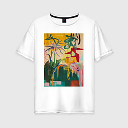 Футболка оверсайз женская Тропическая цветочная абстракция, цвет: белый