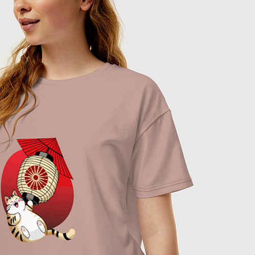 Женская футболка оверсайз Летящий кот на фонарике / Пыльно-розовый – фото 3