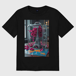 Футболка оверсайз женская Эйфелева башня в чемодане с розами, цвет: черный