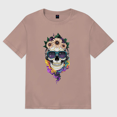Женская футболка оверсайз The skull in flowers / Пыльно-розовый – фото 1