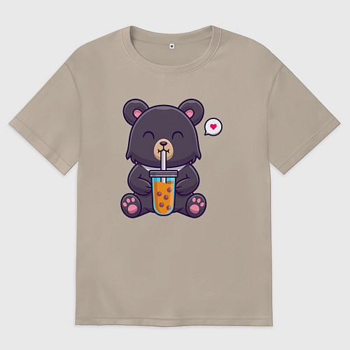 Женская футболка оверсайз Мишка с напитком / Миндальный – фото 1