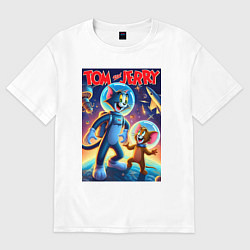 Футболка оверсайз женская Том и Джерри - неоновый космос, цвет: белый