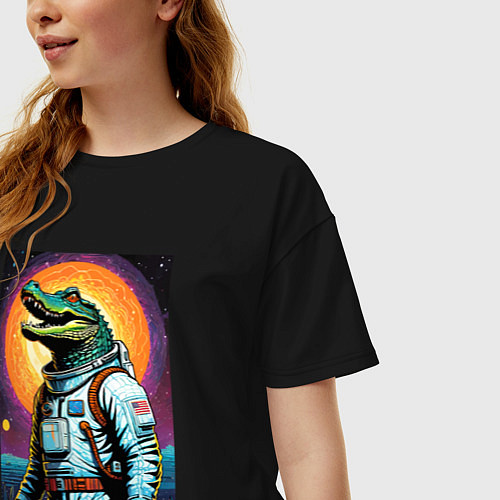 Женская футболка оверсайз Крокодил бравый космонавт - нейроарт / Черный – фото 3
