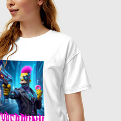Футболка оверсайз женская Homer Simpson with a gun and a donut - neon glow, цвет: белый — фото 2
