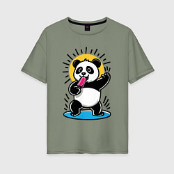 Футболка оверсайз женская Панда с мороженым в стиле комикса, цвет: авокадо