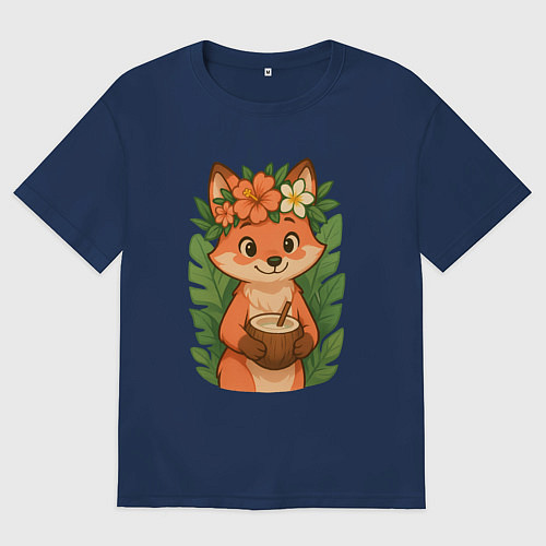 Женская футболка оверсайз Тропическая лисичка / Тёмно-синий – фото 1