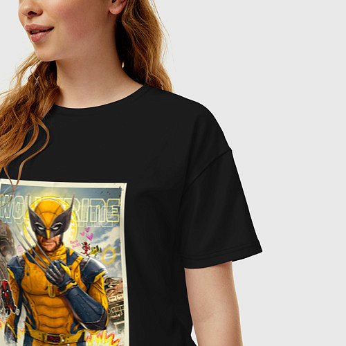 Женская футболка оверсайз Россомаха стоит и дэдпул рядом / Черный – фото 3