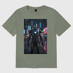 Футболка оверсайз женская Железный человек посреди ночного города, цвет: авокадо