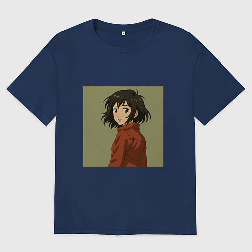 Женская футболка оверсайз Аниме девушка - милая брюнетка с каре / Тёмно-синий – фото 1