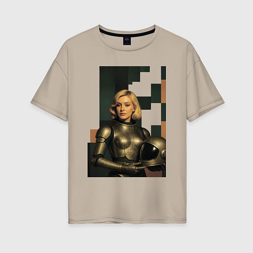 Женская футболка оверсайз Женщина космонавт ретро-футуризм поп-арт 1970-х / Миндальный – фото 1
