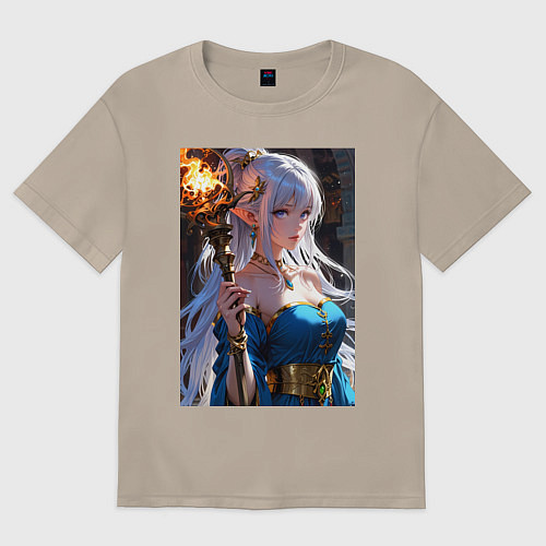 Женская футболка оверсайз Прекрасная эльфийка-маг с шаром огня / Миндальный – фото 1