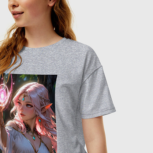 Женская футболка оверсайз Нежная эльфийка с магической сферой / Меланж – фото 3