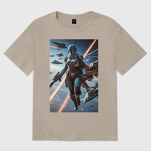 Женская футболка оверсайз Девушка-мандалорец в космосе / Миндальный – фото 1