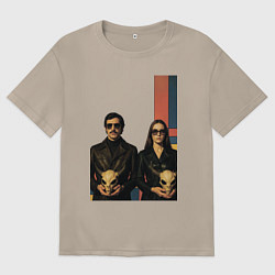 Футболка оверсайз женская Мужчина и девушка с черепами пришельцев ретрофутур, цвет: миндальный