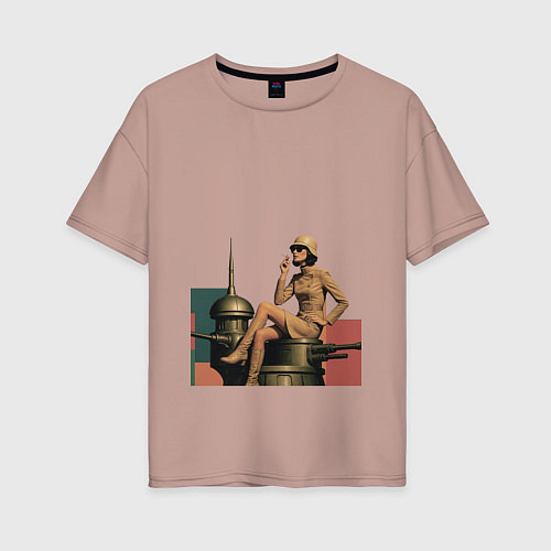 Женская футболка оверсайз Девушка на орудийной башне ретрофутуризм поп-арт 1 / Пыльно-розовый – фото 1