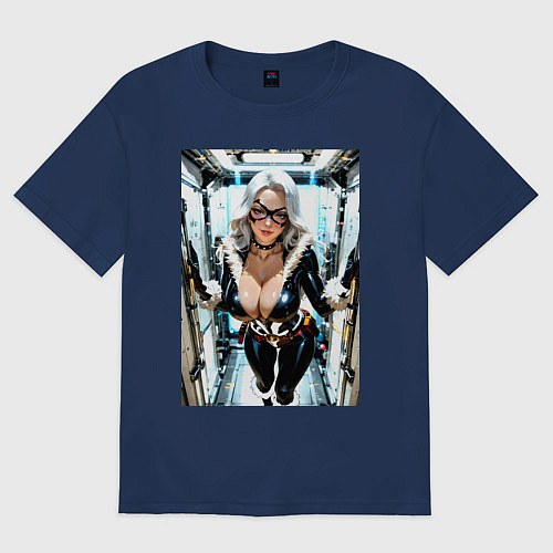 Женская футболка оверсайз Черная кошка в сейфе банка / Тёмно-синий – фото 1