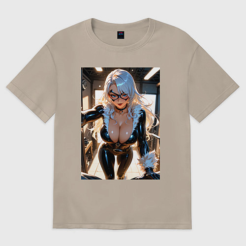 Женская футболка оверсайз Черная кошка в комнате / Миндальный – фото 1