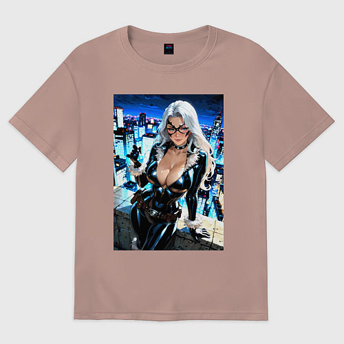 Женская футболка оверсайз Черная кошка с брилиантом на крыше здания / Пыльно-розовый – фото 1