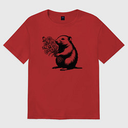 Футболка оверсайз женская Крот с цветами, цвет: красный