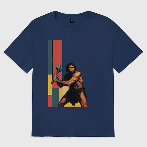 Женская футболка оверсайз Поп-арт неандерталец / Тёмно-синий – фото 1