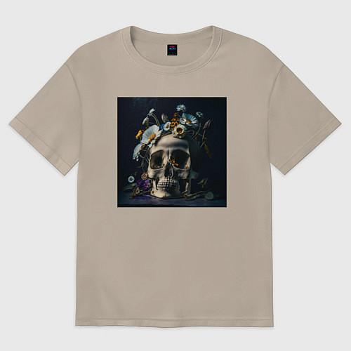 Женская футболка оверсайз Череп мрачный в цветах / Миндальный – фото 1