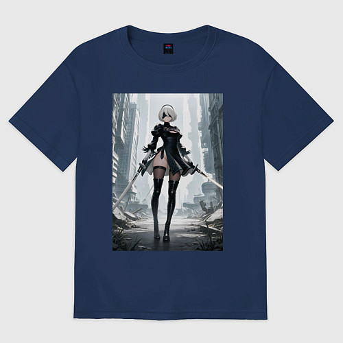 Женская футболка оверсайз Девушка-андроид с катанами посреди руин / Тёмно-синий – фото 1