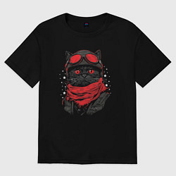 Футболка оверсайз женская Котик авиатор, цвет: черный