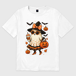 Футболка оверсайз женская Модное привидение с кофе на хэллоуин, цвет: белый