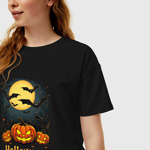 Женская футболка оверсайз Halloween: moon and pumpkins / Черный – фото 3