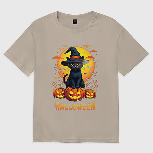 Женская футболка оверсайз Cat on pumkins / Миндальный – фото 1