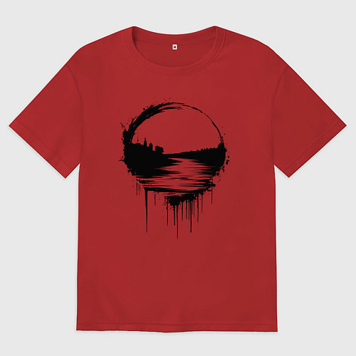 Женская футболка оверсайз Волга река в стекающей краске / Красный – фото 1