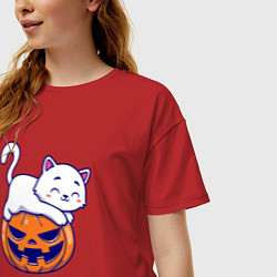 Футболка оверсайз женская Белый котик и тыква, цвет: красный — фото 2