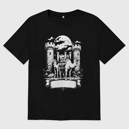 Женская футболка оверсайз Верблюды под луной у замка Челябинск / Черный – фото 1