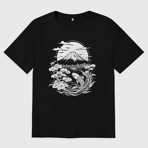 Женская футболка оверсайз Фудзи и карп кои / Черный – фото 1