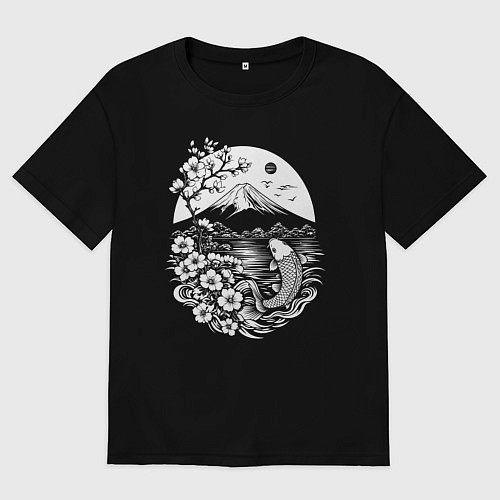 Женская футболка оверсайз Сакура, Фудзи и карп кои / Черный – фото 1