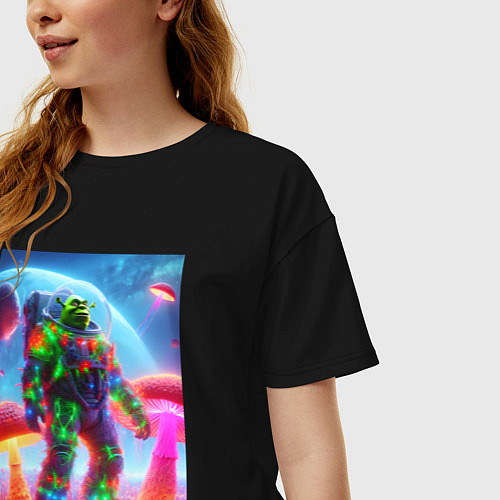 Женская футболка оверсайз Космонавт Шрек в неоновом скафандре / Черный – фото 3