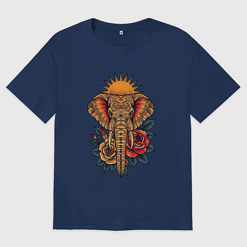 Женская футболка оверсайз Слон на фоне солнца с розами в стиле тату / Тёмно-синий – фото 1