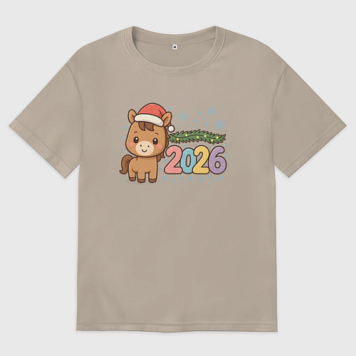 Женская футболка оверсайз Новогодняя лошадка 2026 / Миндальный – фото 1