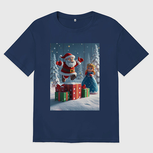 Женская футболка оверсайз Дед Морозио и Принцесса Снегурочка: c подарками в / Тёмно-синий – фото 1