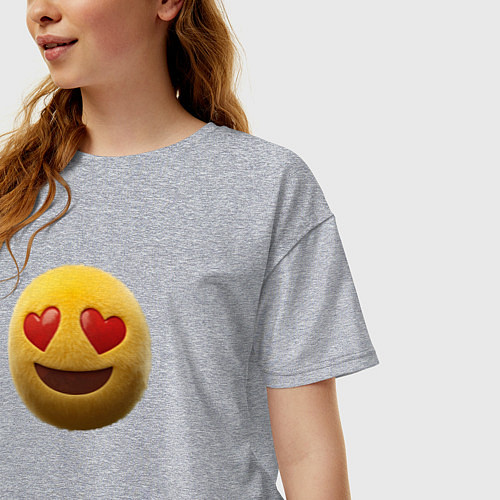 Женская футболка оверсайз Пушистый смайлик с сердечками в глазах / Меланж – фото 3