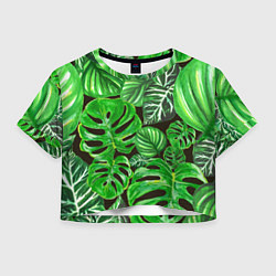 Футболка 3D укороченная женская Тропические листья на темном фоне, цвет: 3D-принт