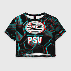 Футболка 3D укороченная женская PSV FC в стиле Glitch на темном фоне, цвет: 3D-принт