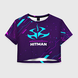 Футболка 3D укороченная женская Символ Hitman в неоновых цветах на темном фоне, цвет: 3D-принт