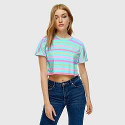 Футболка 3D укороченная женская Pink turquoise stripes horizontal Полосатый узор, цвет: 3D-принт — фото 2