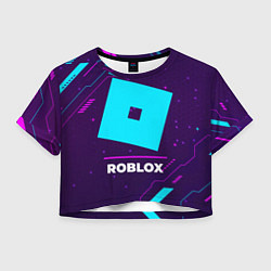 Футболка 3D укороченная женская Символ Roblox в неоновых цветах на темном фоне, цвет: 3D-принт