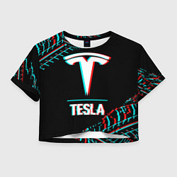 Футболка 3D укороченная женская Значок Tesla в стиле Glitch на темном фоне, цвет: 3D-принт