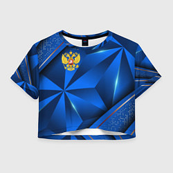 Футболка 3D укороченная женская Герб РФ на синем объемном фоне, цвет: 3D-принт