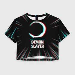 Футболка 3D укороченная женская Символ Demon Slayer в стиле glitch на темном фоне, цвет: 3D-принт